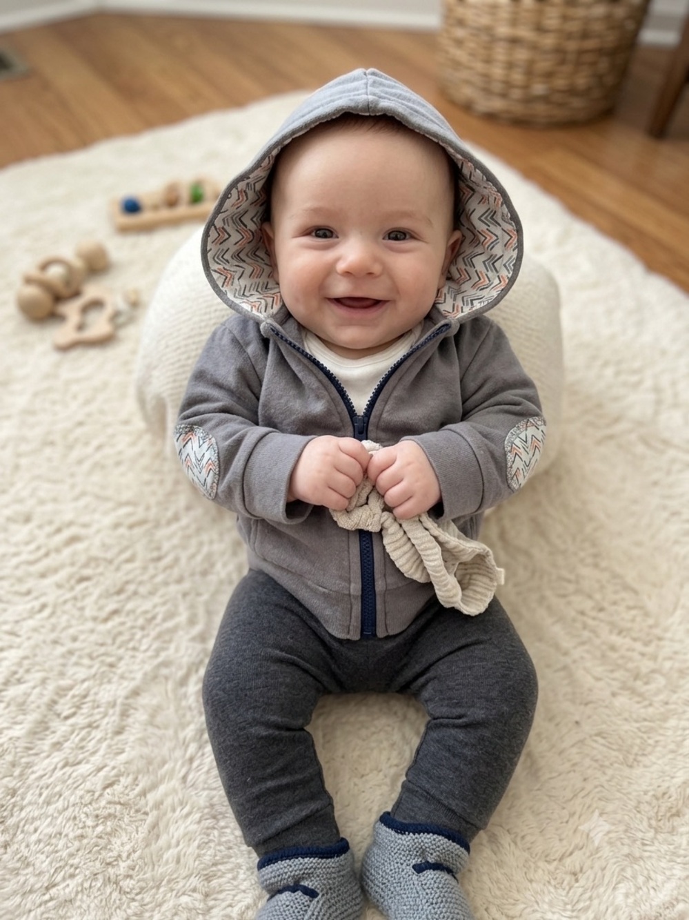 Yoga Sprout Full Zip Elbow Patch Hooded Jacket Grey 3-6 months